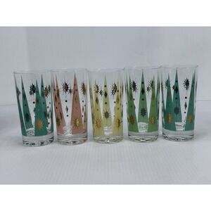 Vintage Fred Press Atomic Burst 5 Glasses Original Pastel Mid Century Mod Signed